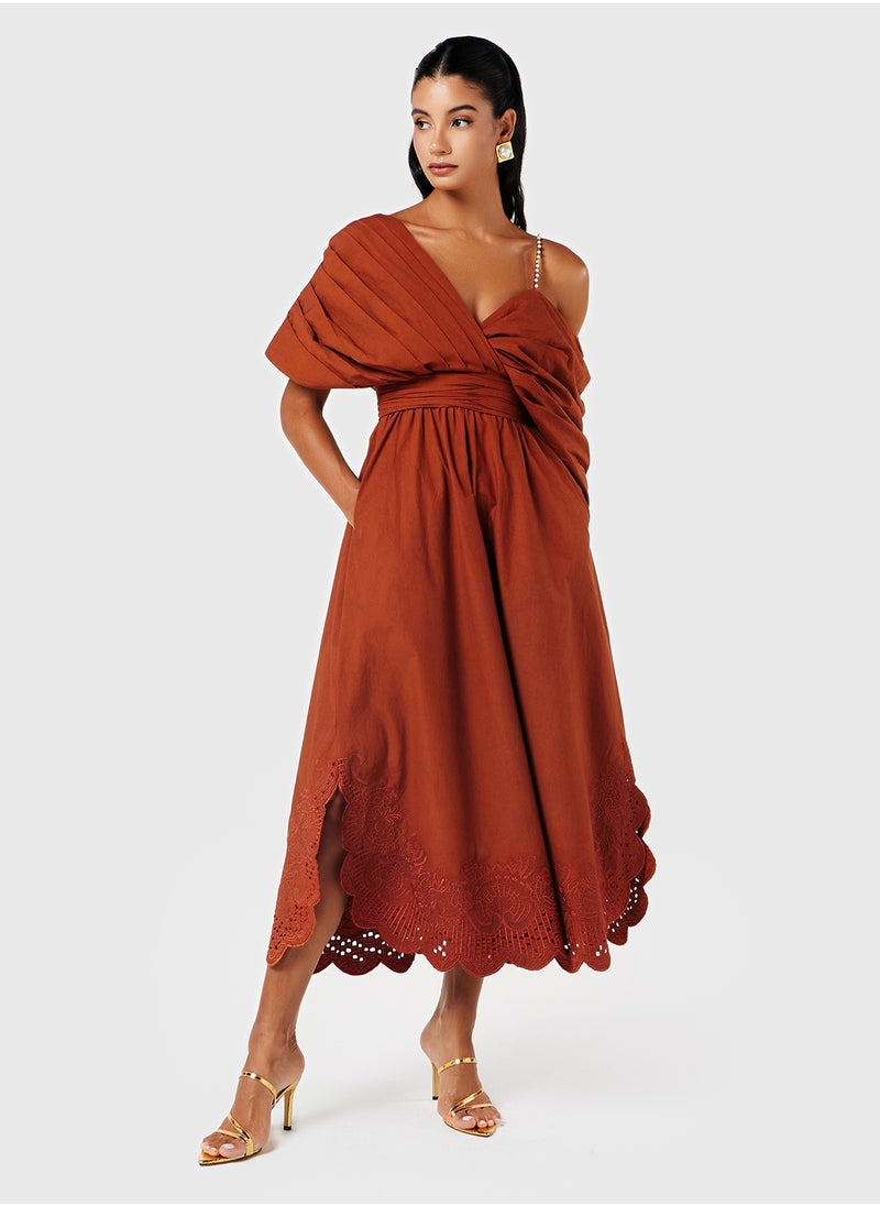 Threadz by Ajooni - Draped Neck Dress With Schiffli Hem - Image 1