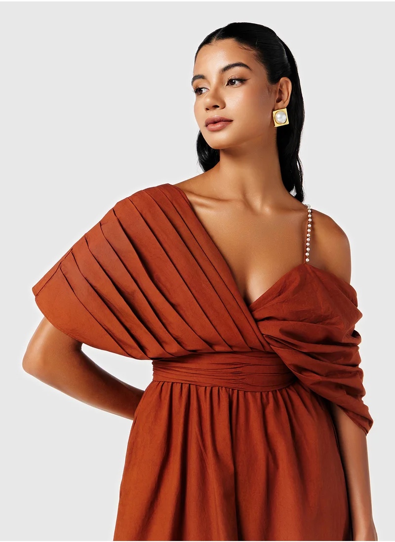 ثريدز باي اجوني Draped Neck Dress With Schiffli Hem