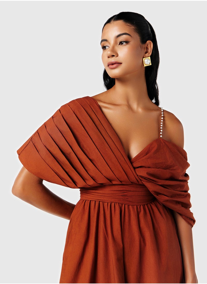 Threadz by Ajooni - Draped Neck Dress With Schiffli Hem - Image 1