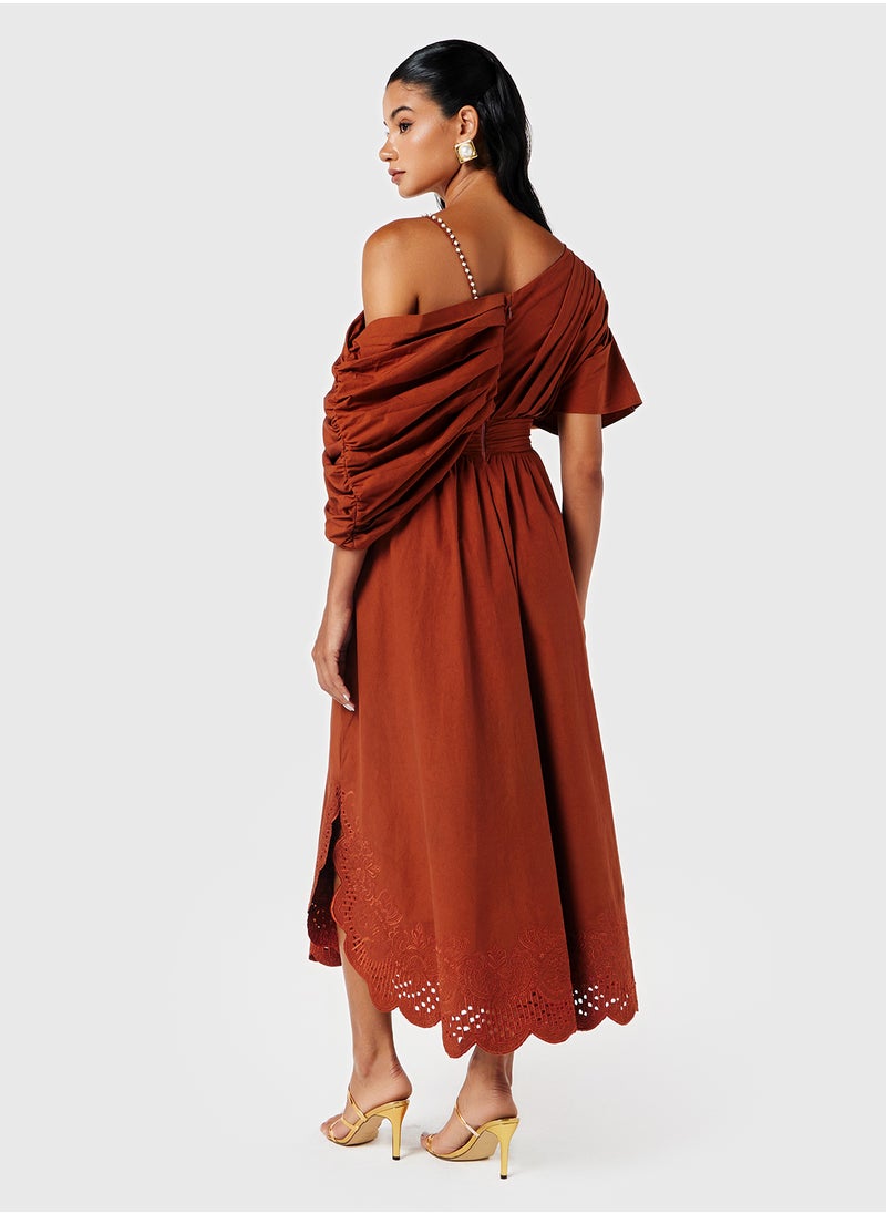 Threadz by Ajooni - Draped Neck Dress With Schiffli Hem - Image 1