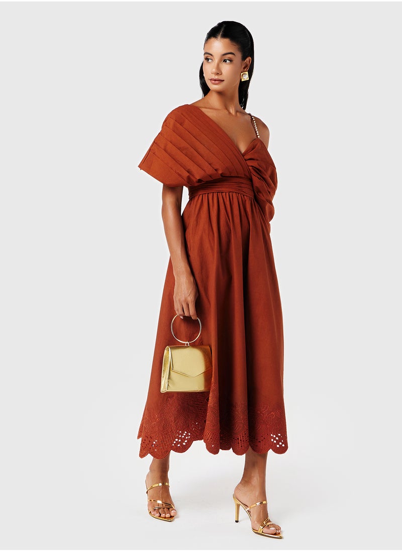 Threadz by Ajooni - Draped Neck Dress With Schiffli Hem - Image 1