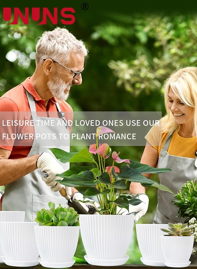UNUNS 6 عبوات من أصيص الزهور البلاستيكي، أواني نباتات مع فتحات تصريف وصواني للنباتات الداخلية، أصيص زراعة خارجي، 6 أحجام مختلفة، أصيص زينة حديقة من الراتنج، أبيض - Image 2