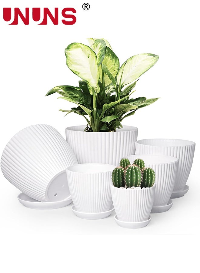UNUNS 6 عبوات من أصيص الزهور البلاستيكي، أواني نباتات مع فتحات تصريف وصواني للنباتات الداخلية، أصيص زراعة خارجي، 6 أحجام مختلفة، أصيص زينة حديقة من الراتنج، أبيض - Image 1