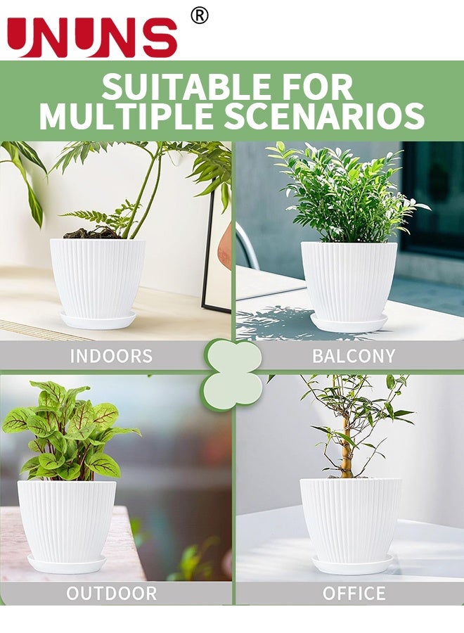 UNUNS 6 عبوات من أصيص الزهور البلاستيكي، أواني نباتات مع فتحات تصريف وصواني للنباتات الداخلية، أصيص زراعة خارجي، 6 أحجام مختلفة، أصيص زينة حديقة من الراتنج، أبيض - Image 4