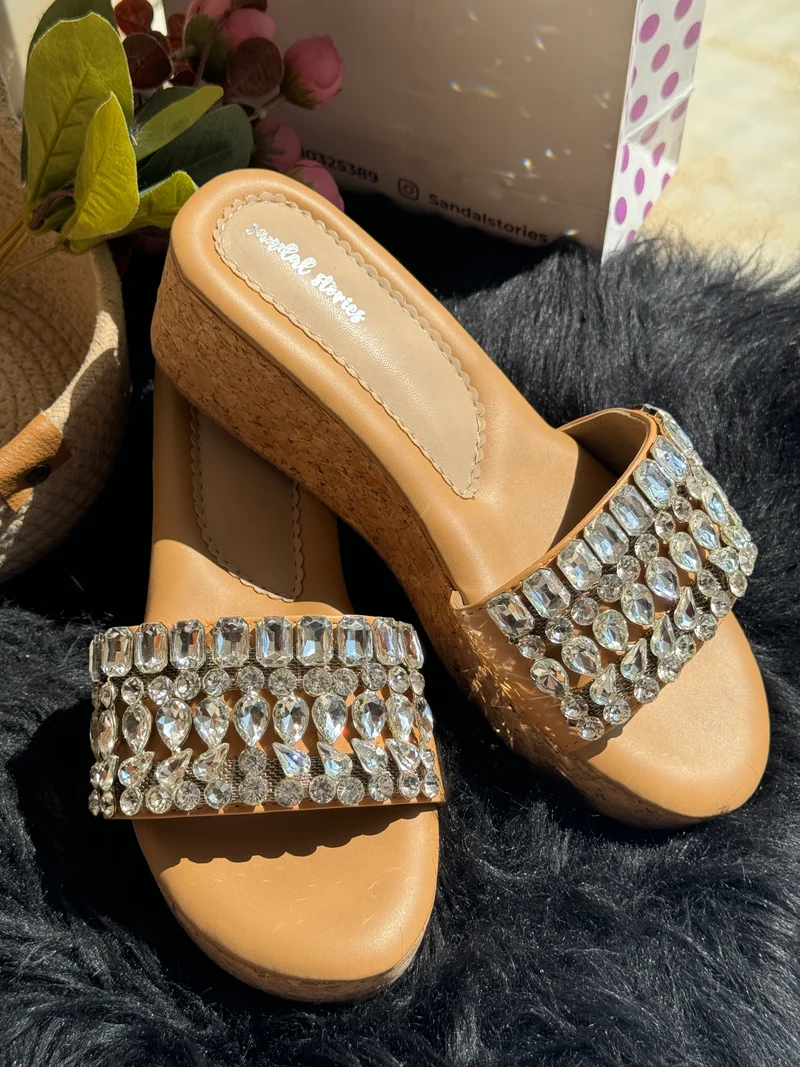 Sandal Stories Beige Crystal Luxe Platform Wedges for Women