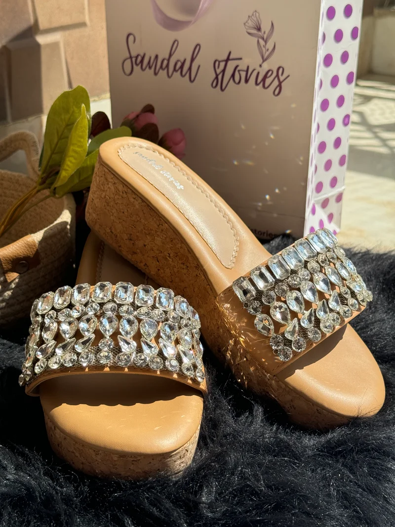 Sandal Stories Beige Crystal Luxe Platform Wedges for Women