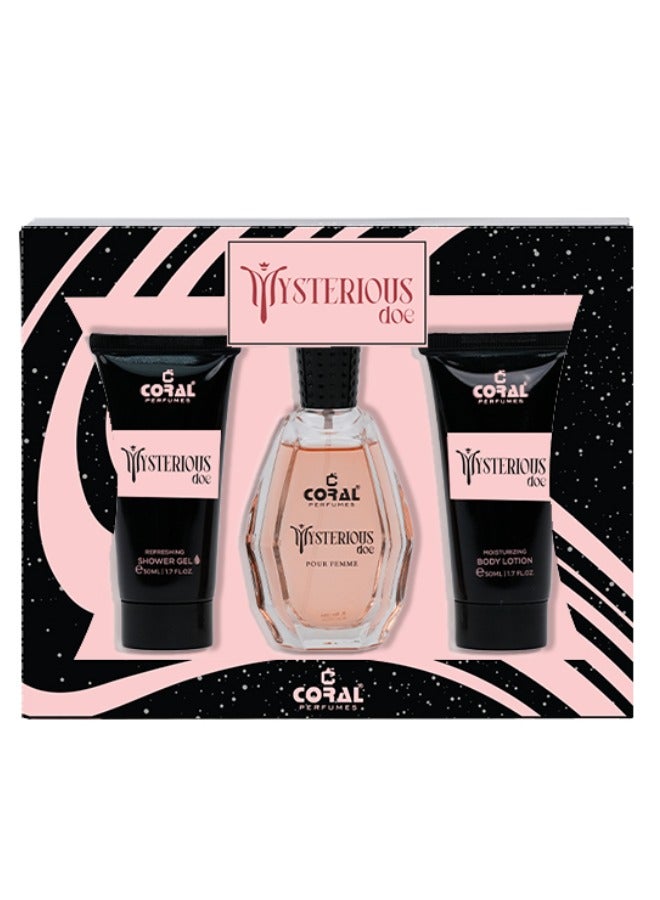 Coral MYSTERIOUS DOE Pour Femme, Gift Set for Women - Perfume EDP 50ml + Shower Gel 50ml + Body Lotion 50ml - Image 1