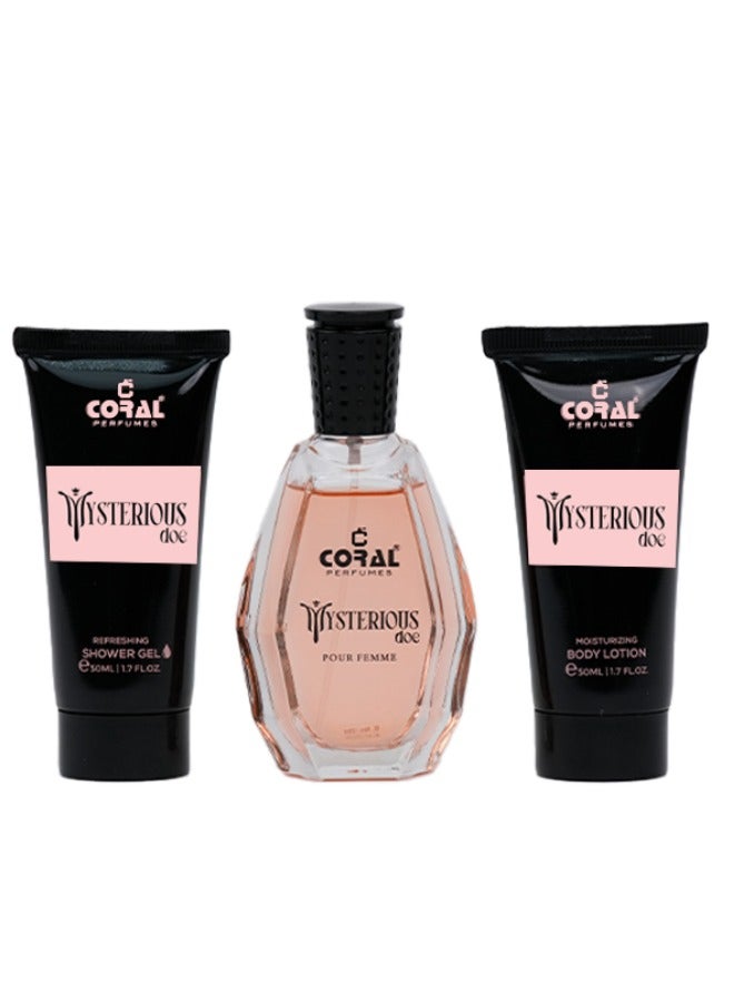 Coral MYSTERIOUS DOE Pour Femme, Gift Set for Women - Perfume EDP 50ml + Shower Gel 50ml + Body Lotion 50ml - Image 2