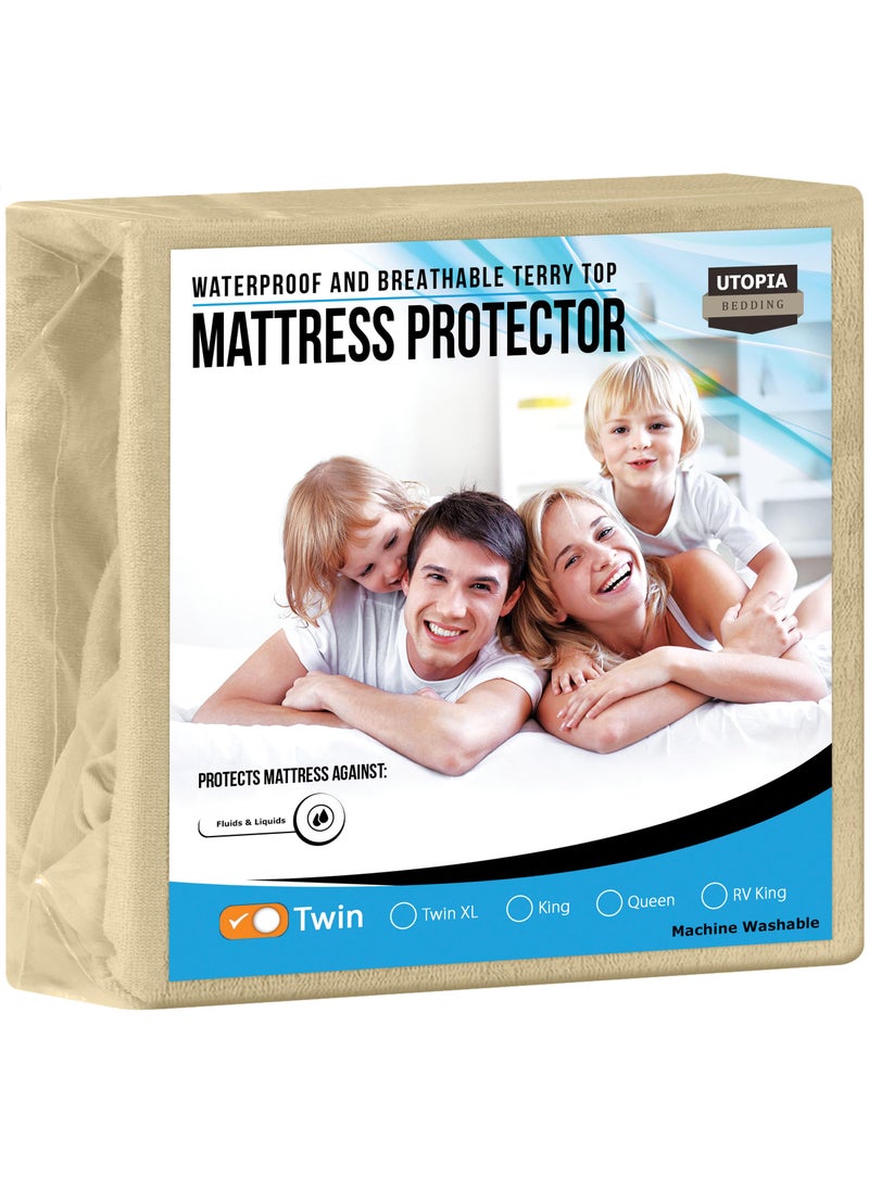 Utopia Bedding Utopia Bedding Waterproof Mattress Protector Full Size  Premium Terry Mattress Cover 200 GSM  Breathable  Fitted Style with Stretchable Pockets (Beige)  - Image 1