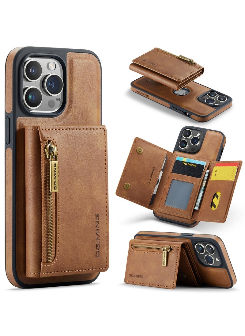 DGMING - CaseMe Wallet Case for iPhone 14 Pro DGMING Premium Leather Phone Case Back Cover Magnetic Detachable with Trifold Wallet Card Holder Pocket - Brown - Image 1