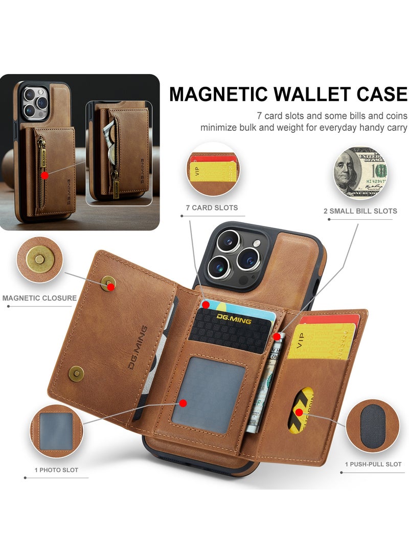 DGMING - CaseMe Wallet Case for iPhone 14 Pro DGMING Premium Leather Phone Case Back Cover Magnetic Detachable with Trifold Wallet Card Holder Pocket - Brown - Image 1