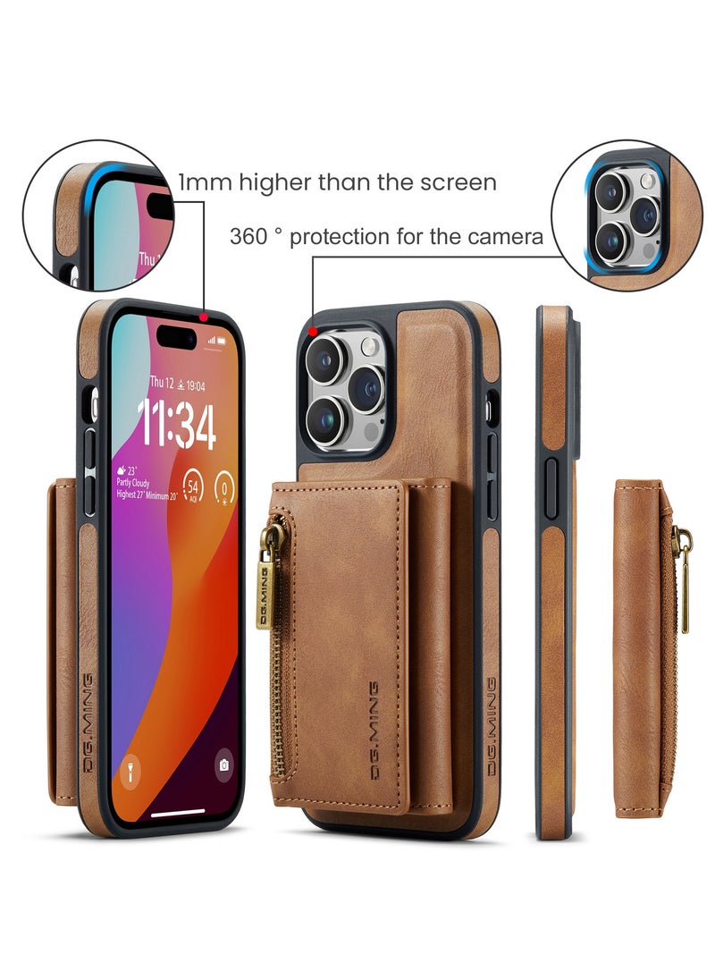 DGMING - CaseMe Wallet Case for iPhone 14 Pro DGMING Premium Leather Phone Case Back Cover Magnetic Detachable with Trifold Wallet Card Holder Pocket - Brown - Image 1