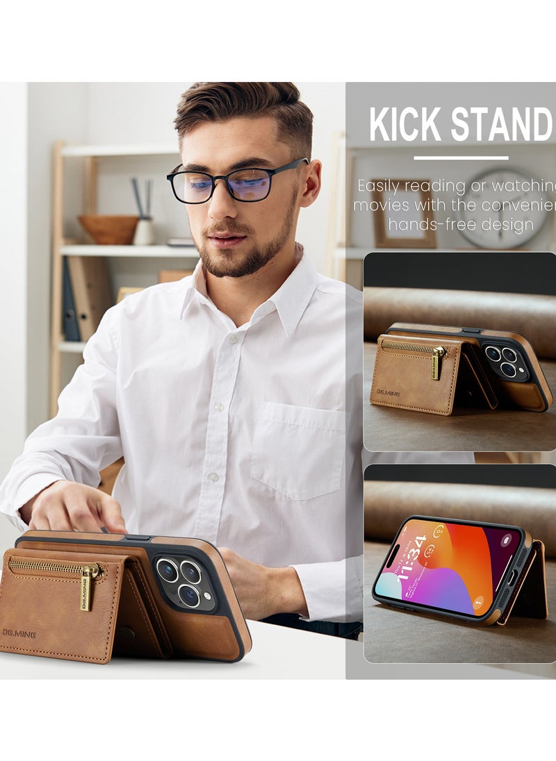 DGMING - CaseMe Wallet Case for iPhone 14 Pro DGMING Premium Leather Phone Case Back Cover Magnetic Detachable with Trifold Wallet Card Holder Pocket - Brown - Image 1