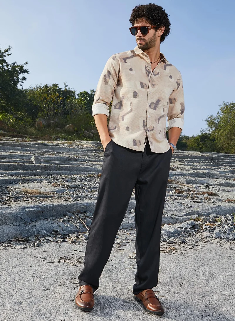 Campus Sutra Men's Almond Beige Nonlinear-Tactile Shirt