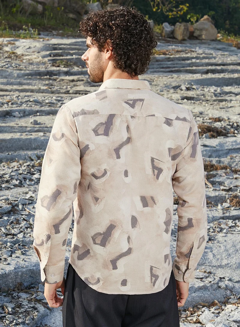 Campus Sutra Men's Almond Beige Nonlinear-Tactile Shirt