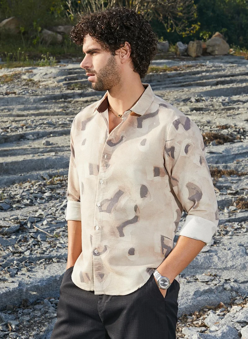 Campus Sutra Men's Almond Beige Nonlinear-Tactile Shirt