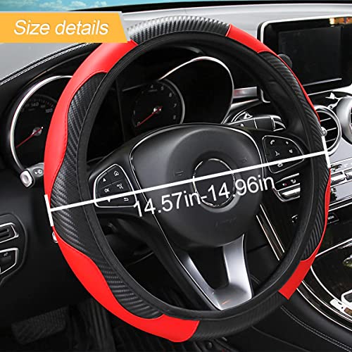 LoyaForba Car Steering Wheel Cover, Microfiber PU Leather Elastic Carbon Fiber Auto Steering Wheel Protector, 15 Inch Breathable Anti-Slip for Women Men, Car Interior Accessories for Most Cars (Black/Red) - Image 2