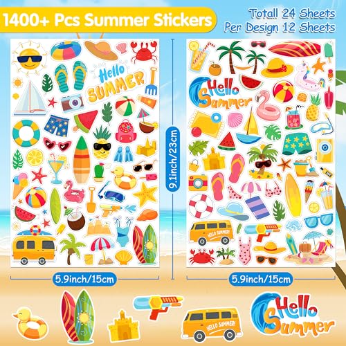 LINAYE 24 Sheets Summer Beach Stickers for Kids, 1400 PCS Beach Vinyl Waterproof Stickers for Scrapbooking,Water Bottles,Envelopes,Laptop, Hawaii Tropical Stickers for Summer Party for Boys Girls - Image 2