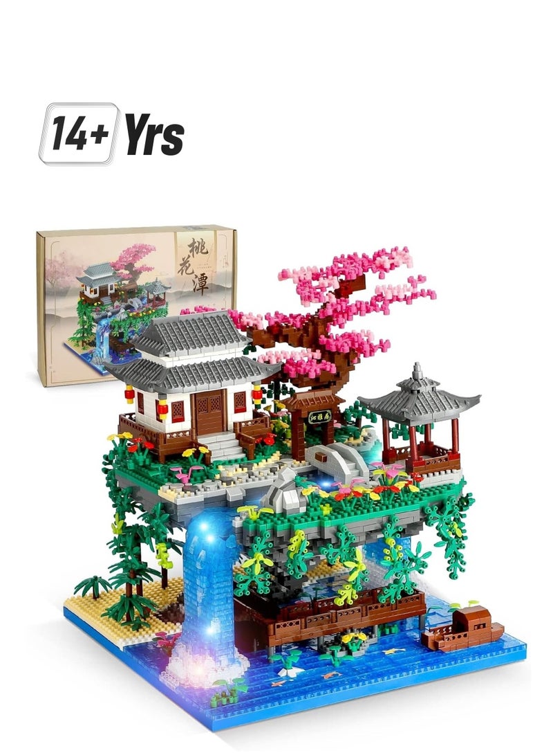 Peach Blossom Pond Micro Mini Building Blocks Set, Chinese Architecture Cherry Bonsai Gift Toys with String Lights, Japanese Sakura Tree House Micro Bricks for Adults and 14+ Kids (3320 Pcs)  - Image 1