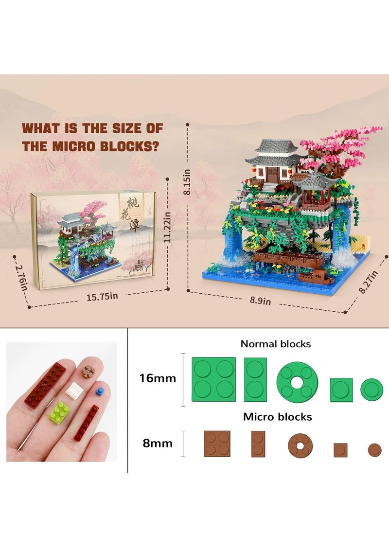 Generic Peach Blossom Pond Micro Mini Building Blocks Set, Chinese Architecture Cherry Bonsai Gift Toys with String Lights, Japanese Sakura Tree House Micro Bricks for Adults and 14+ Kids (3320 Pcs)  - Image 2