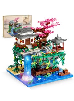 Peach Blossom Pond Micro Mini Building Blocks Set, Chinese Architecture Cherry Bonsai Gift Toys with String Lights, Japanese Sakura Tree House Micro Bricks for Adults and 14+ Kids (3320 Pcs)