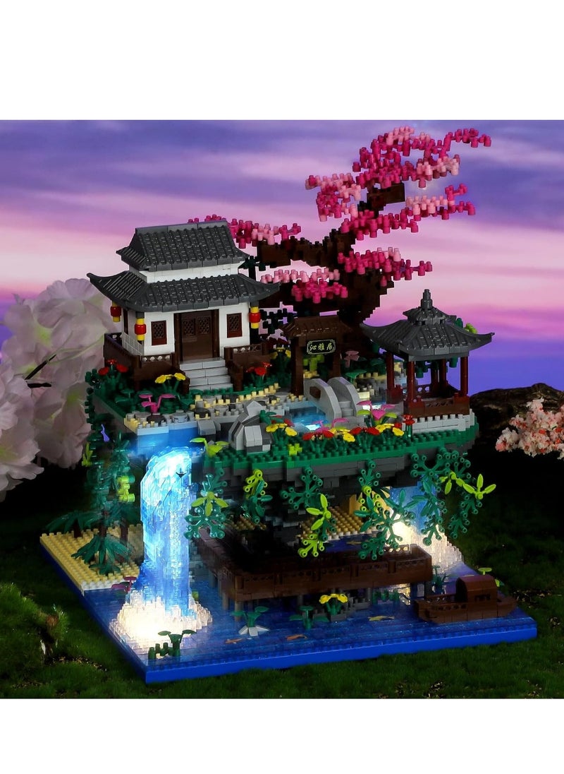 Generic Peach Blossom Pond Micro Mini Building Blocks Set, Chinese Architecture Cherry Bonsai Gift Toys with String Lights, Japanese Sakura Tree House Micro Bricks for Adults and 14+ Kids (3320 Pcs)  - Image 4