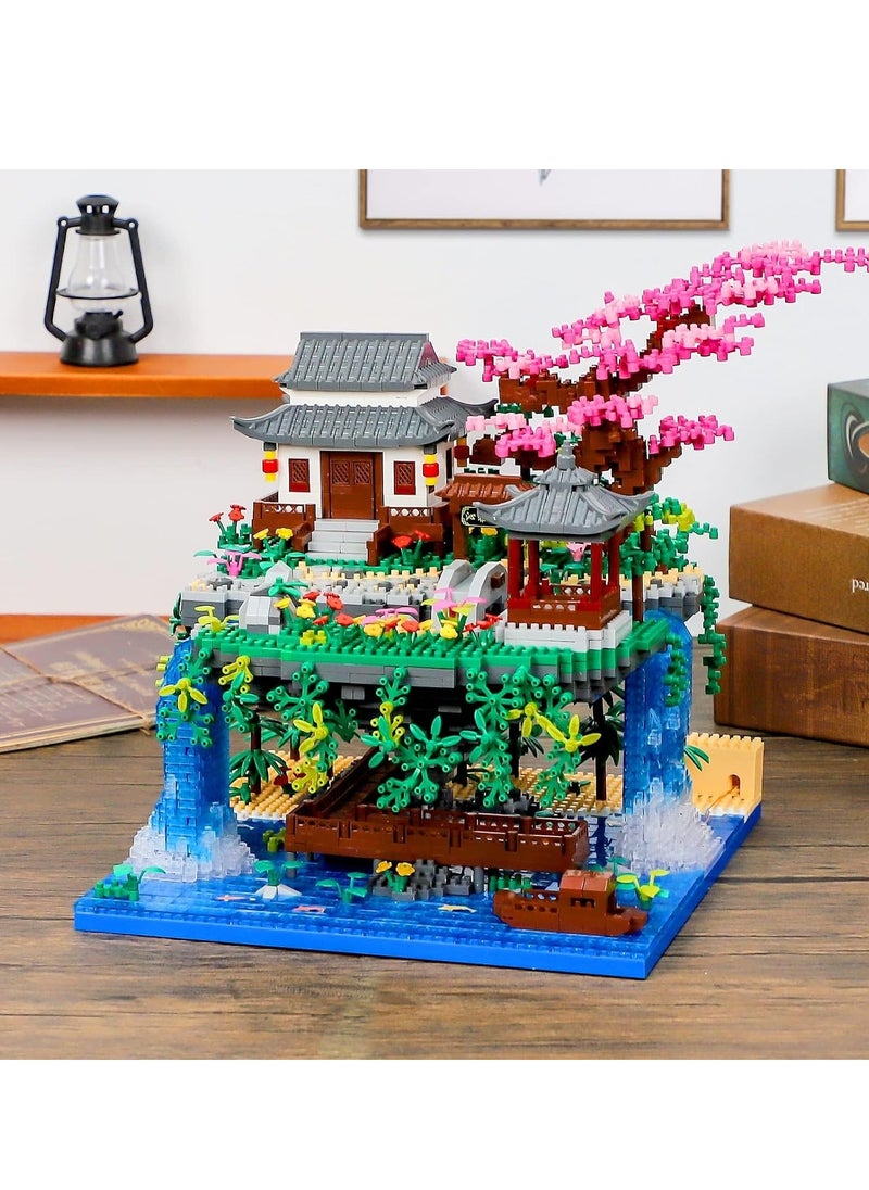 null - Peach Blossom Pond Micro Mini Building Blocks Set, Chinese Architecture Cherry Bonsai Gift Toys with String Lights, Japanese Sakura Tree House Micro Bricks for Adults and 14+ Kids (3320 Pcs) - Image 1