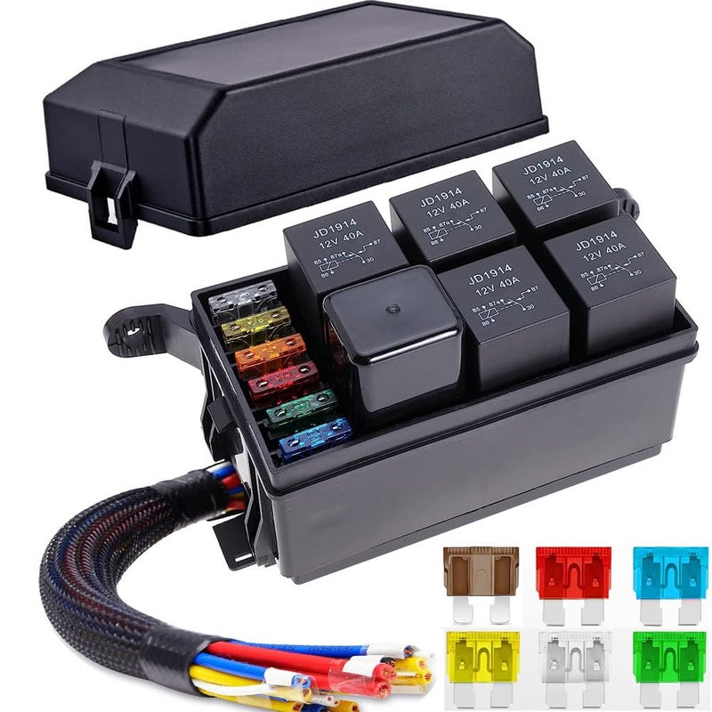 صندوق الفيوزات والريلاي 12 فولت من جيبيلدت مع 5 قطع ريلاي 5 دبابيس JD1914 40A و1 قطعة ريلاي 4 دبابيس صندوق فيوزات ريلاي عالمي مقاوم للماء للسيارات والشاحنات والقوارب