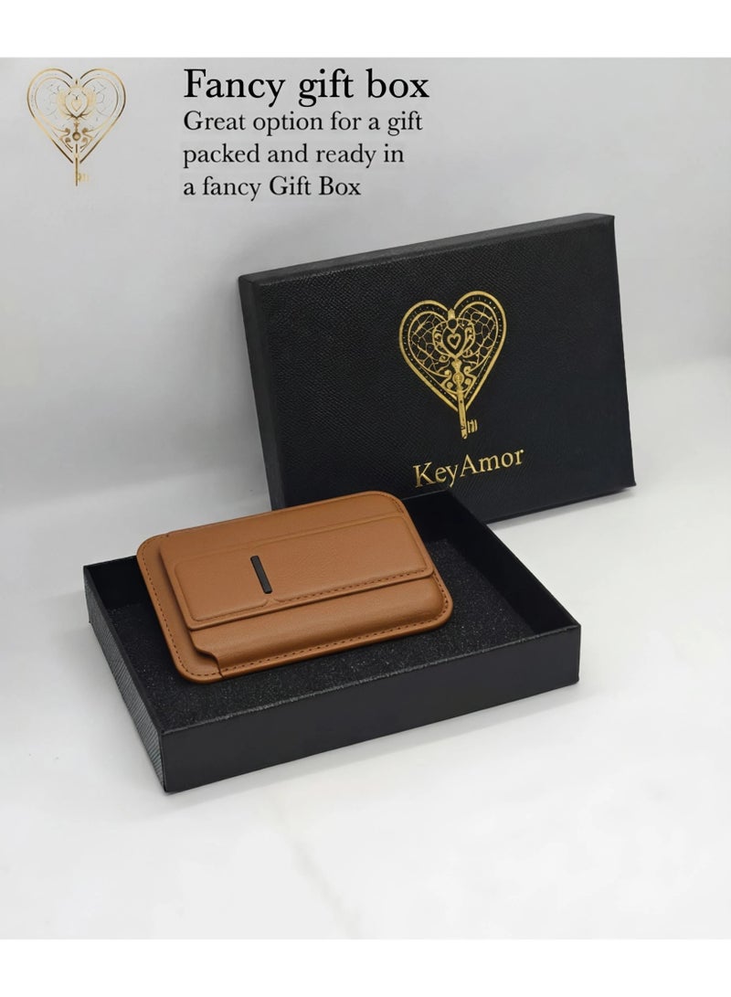 كيامور محفظة MagSafe مع حامل، حافظة بطاقات مغناطيسية أقوى متوافقة مع سلسلة iPhone 16/15/14/13/12، محفظة هاتف جلدية فاخرة مع تقنية حجب RFID، فتحة واحدة، تتسع لخمسة بطاقات، باللون بني - Image 3