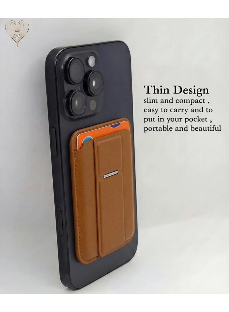 كيامور محفظة MagSafe مع حامل، حافظة بطاقات مغناطيسية أقوى متوافقة مع سلسلة iPhone 16/15/14/13/12، محفظة هاتف جلدية فاخرة مع تقنية حجب RFID، فتحة واحدة، تتسع لخمسة بطاقات، باللون بني - Image 2