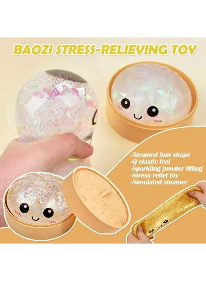 Kawaii Glitter Steamed Bun Squishy Stress Relief Toy with Bamboo Steamer Container - Image 3