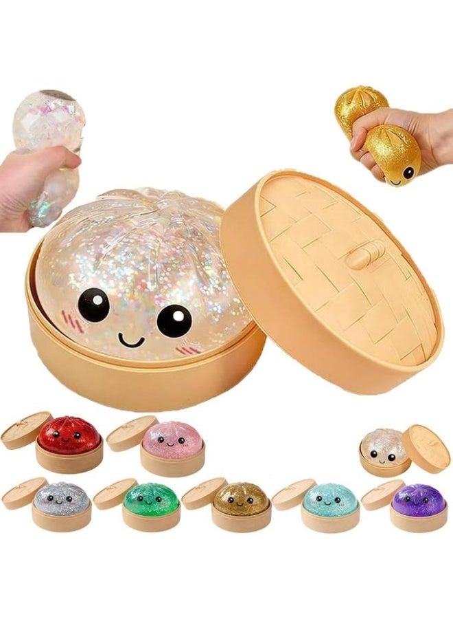 Kawaii Glitter Steamed Bun Squishy Stress Relief Toy with Bamboo Steamer Container - Image 1