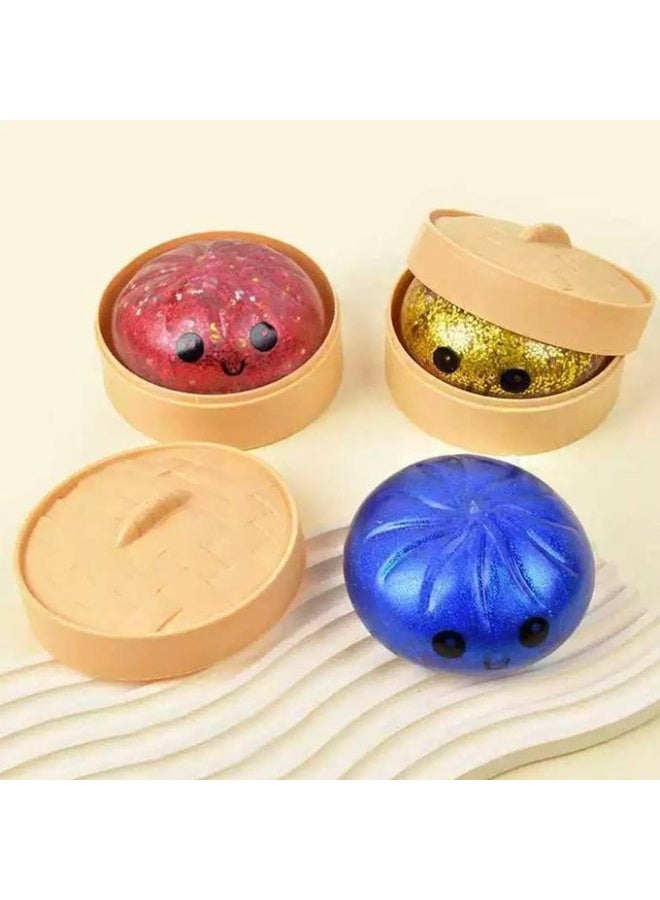 Kawaii Glitter Steamed Bun Squishy Stress Relief Toy with Bamboo Steamer Container - Image 2