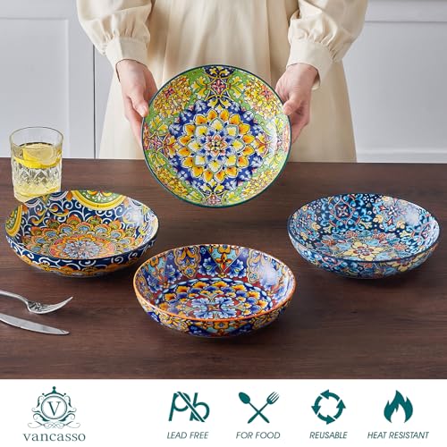 vancasso Pasta Bowls, 42 oz Ceramic Salad Bowls of 4,Large Corlorful Serving Bowls for Kitchen, Dishwasher & Microwave Safe Soup Bowls, Pasta Plates - Image 3
