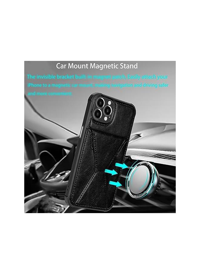 erorex حافظة جلدية لجهاز آيفون 15 برو ماكس مع حامل بطاقات لتخزين 2 بطاقة حافظة محفظة مع مقبض يد ودعامة قابلة للطي وحامل مغناطيسي للسيارة غلاف نحيف لجهاز آيفون 15 برو ماكس باللون الأسود - Image 4