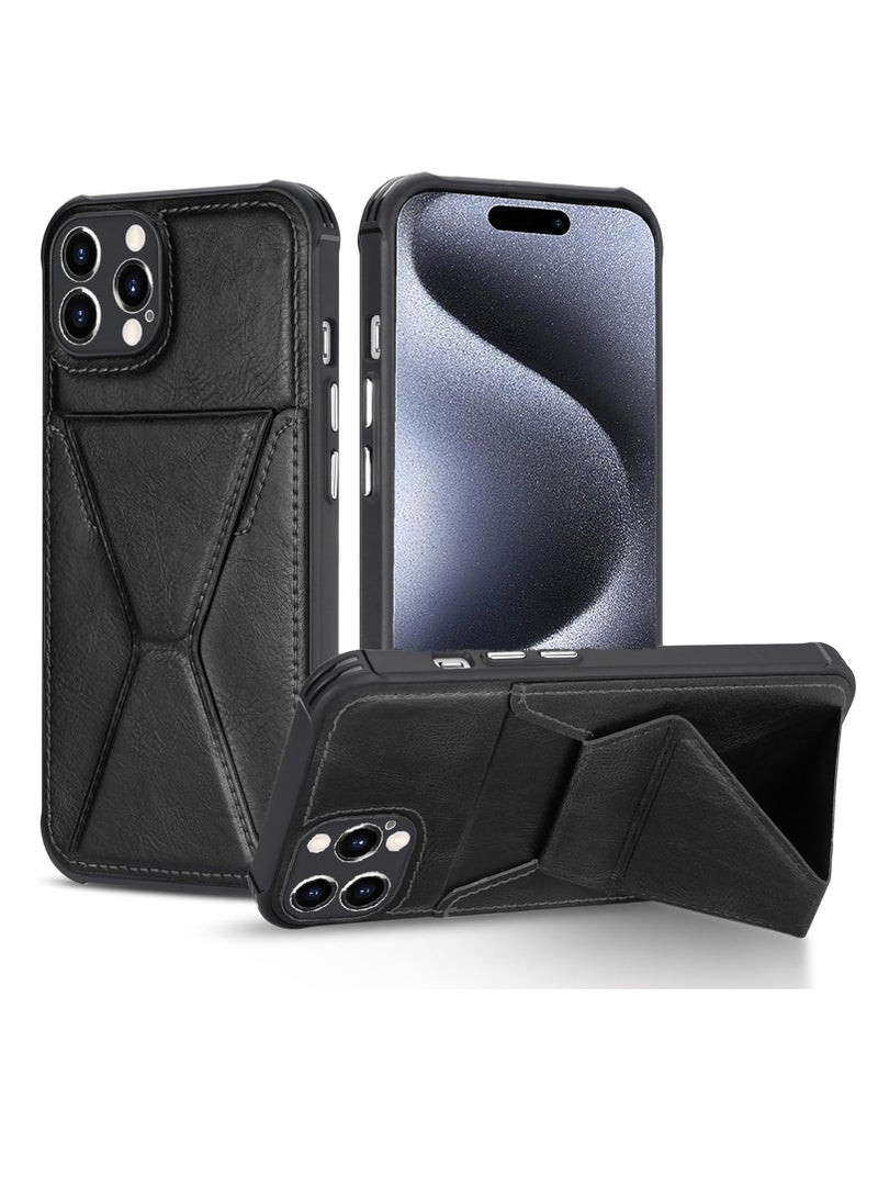 erorex حافظة جلدية لجهاز آيفون 15 برو ماكس مع حامل بطاقات لتخزين 2 بطاقة حافظة محفظة مع مقبض يد ودعامة قابلة للطي وحامل مغناطيسي للسيارة غلاف نحيف لجهاز آيفون 15 برو ماكس باللون الأسود - Image 1