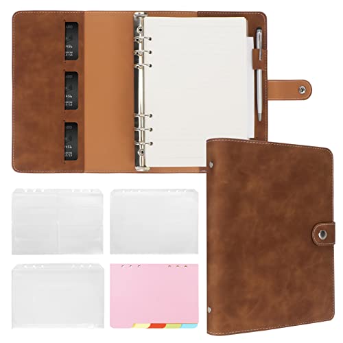 FYY A5 Binder Refillable Planner Notebook 6 Ring PU Leather Binder Journal with Pockets, Dividers, Refill Paper Brown - Image 1