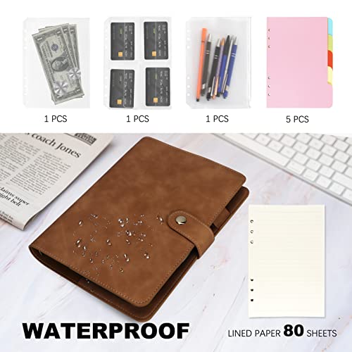 FYY A5 Binder Refillable Planner Notebook 6 Ring PU Leather Binder Journal with Pockets, Dividers, Refill Paper Brown - Image 4