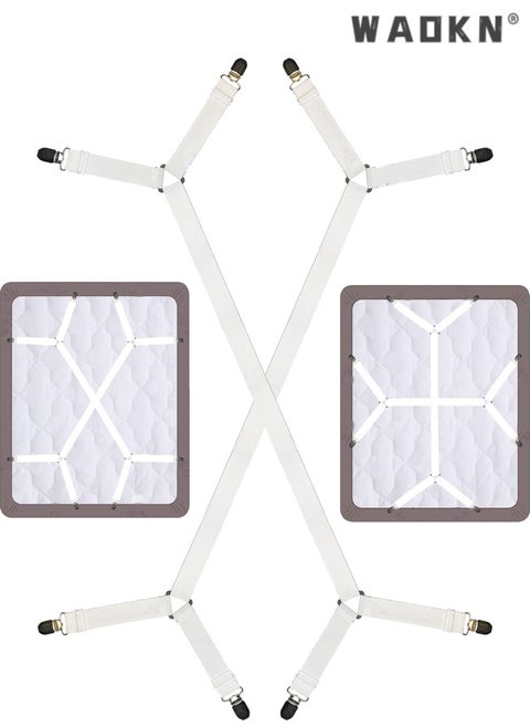 High Quality Multi-Function Sheet Clips Cross Sheet Fixing Straps Suitable for Bedding Sheet Clips and Sheet Fixing Elastic Band Sheet Suspender Fastener 2pcs/Set White