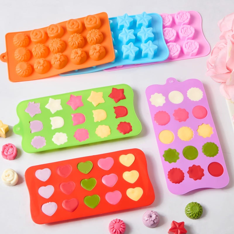 CLUEWR 6 Pcs Flower Silicone Chocolate Molds Set, 15-Cavity Rose Heart Star Candy Mold Different Shapes Silicone Molds for Chocolate, Candy, Ice Cube, Butter, Jello - Image 5