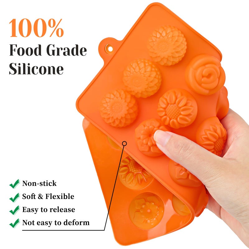 CLUEWR 6 Pcs Flower Silicone Chocolate Molds Set, 15-Cavity Rose Heart Star Candy Mold Different Shapes Silicone Molds for Chocolate, Candy, Ice Cube, Butter, Jello - Image 3