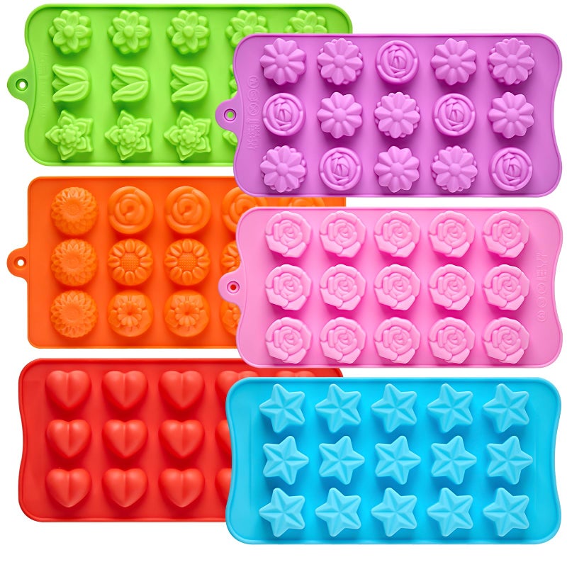 CLUEWR 6 Pcs Flower Silicone Chocolate Molds Set, 15-Cavity Rose Heart Star Candy Mold Different Shapes Silicone Molds for Chocolate, Candy, Ice Cube, Butter, Jello - Image 1