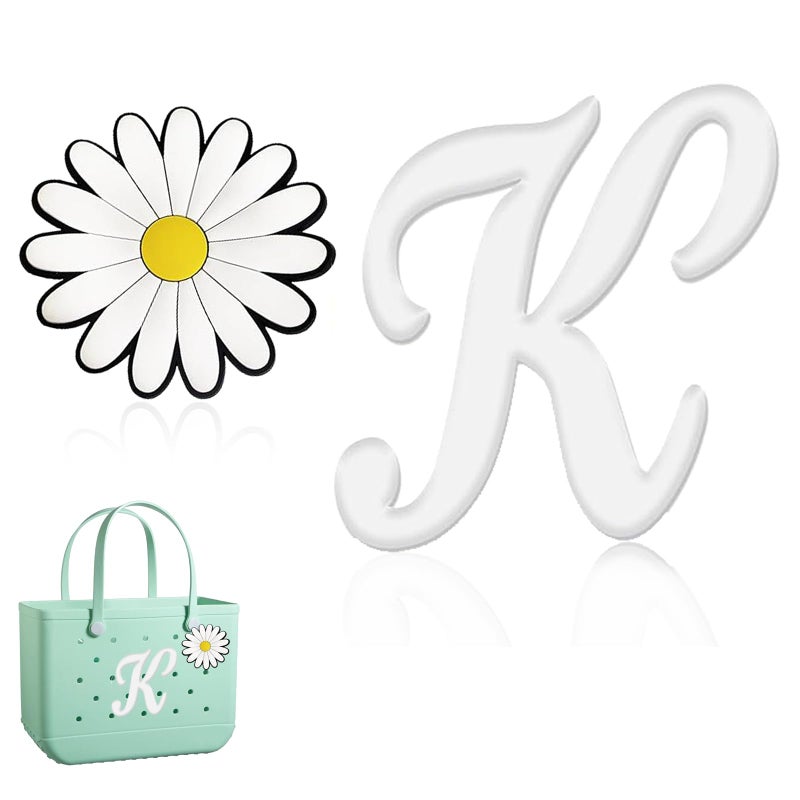Hroatpk 2pcs Charms for Bogg Bag, Letter Charms Decorative Alphabet Lettering Accessories Insert Charms Compatible with Bogg Bag, Beach Bag, Rubber Tote Bag (Letter K+Flower) - Image 1