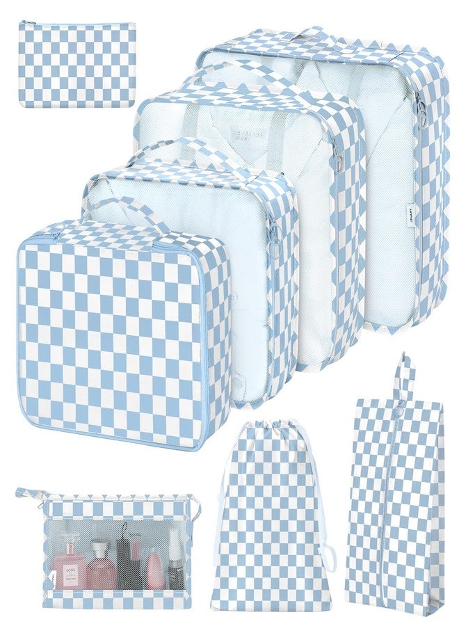 hatisan Packing Cubes for Suitcases,Packing Cubes with Shoe Bag, Cosmetics Bag, Clothing Bag, Accessories Bags Packing Cubes for Travel Luggage Organizer Women Men, Blue Checkered - Image 1