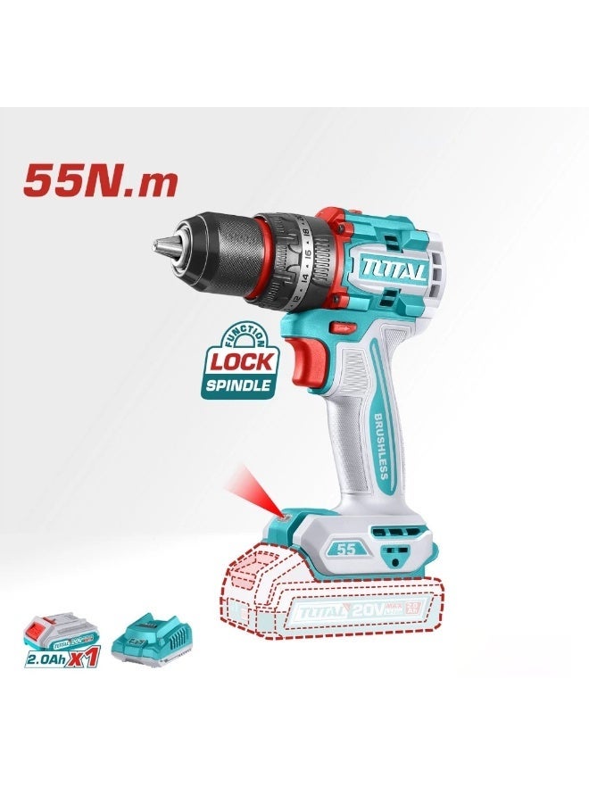 TOTAL 20V Brushless Cordless Impact Drill Kit – 55Nm Torque | 13mm Metal Chuck | 2 Batteries + 50 Accessories - Image 2