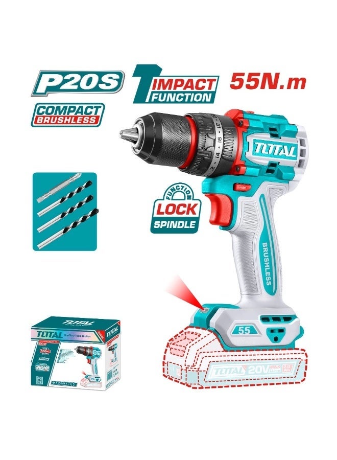 TOTAL 20V Brushless Cordless Impact Drill Kit – 55Nm Torque | 13mm Metal Chuck | 2 Batteries + 50 Accessories - Image 3