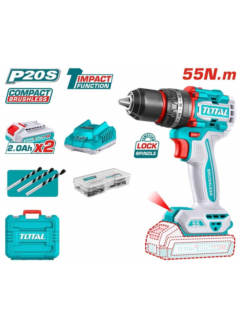 TOTAL 20V Brushless Cordless Impact Drill Kit – 55Nm Torque | 13mm Metal Chuck | 2 Batteries + 50 Accessories - Image 5