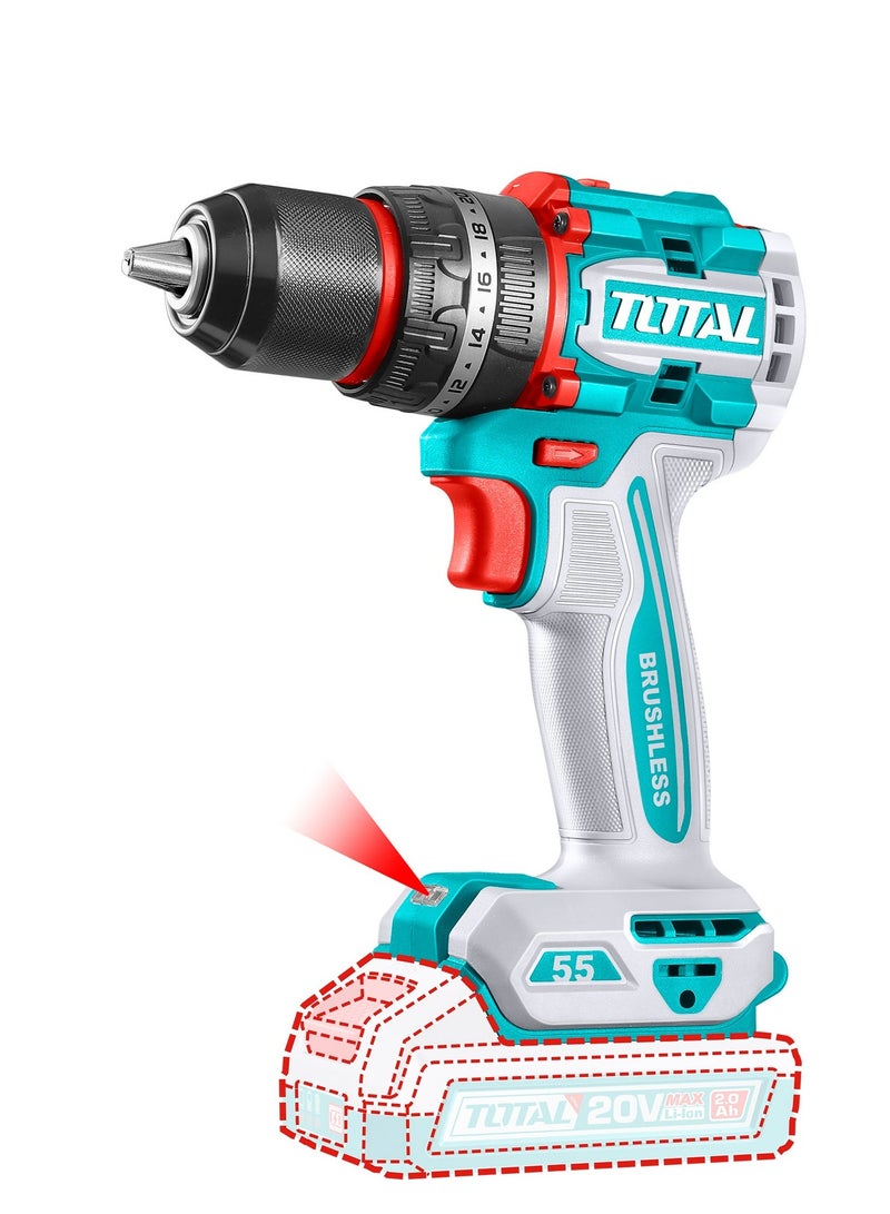 TOTAL 20V Brushless Cordless Impact Drill Kit – 55Nm Torque | 13mm Metal Chuck | 2 Batteries + 50 Accessories - Image 1