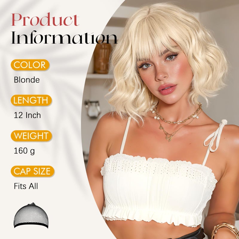 SOFEIYAN Short Wavy Platinum Blonde Wig - 12 Inch Bob Wig with Bangs for Women Curly Shoulder Length Bob Wig with Bangs Soft Synthetic Hair Wigs for Girls Daily Party Use - Image 2