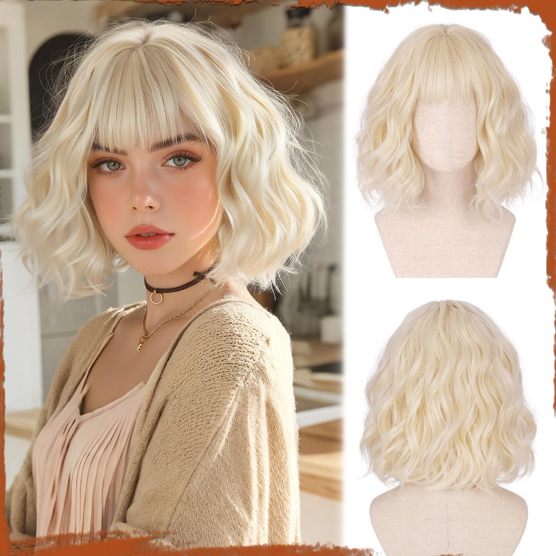 SOFEIYAN Short Wavy Platinum Blonde Wig - 12 Inch Bob Wig with Bangs for Women Curly Shoulder Length Bob Wig with Bangs Soft Synthetic Hair Wigs for Girls Daily Party Use - Image 1